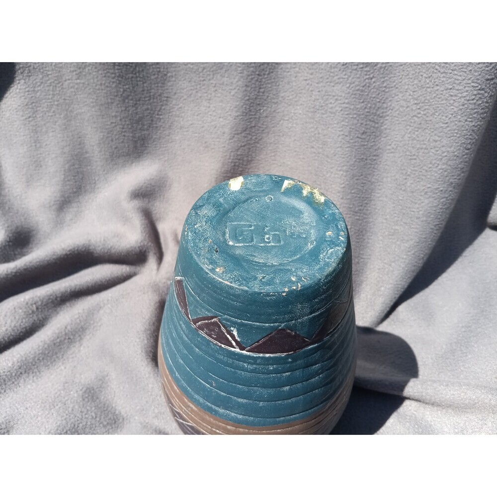 Vtg Southwest Pottery Vase Etched Geometric Terracotta Pastel Mountain Scene - Picture 7 of 8